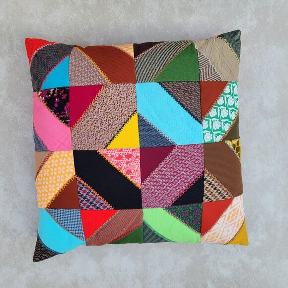 Vintage Crazy Quilt Throw Pillow Polyester 18x18 Handmade Patchwork Embroidered - Picture 10 of 16